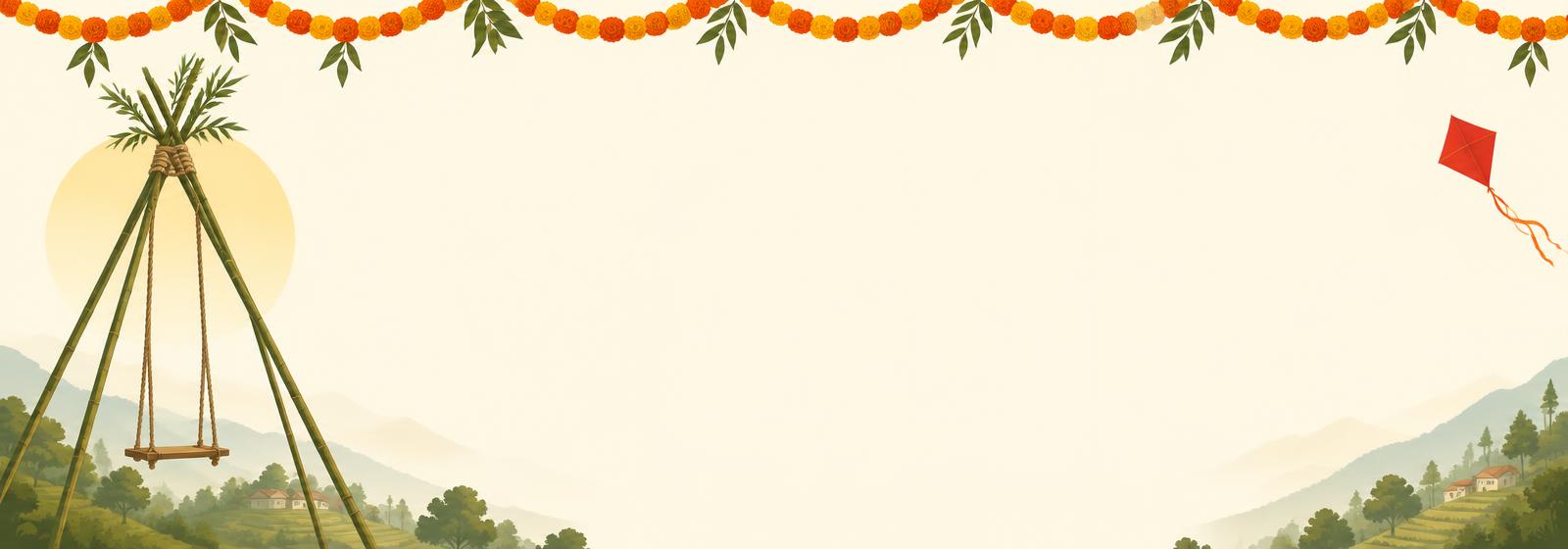 Dashain bamboo swing, marigold garlands and a red kite above the hills of Nepal
